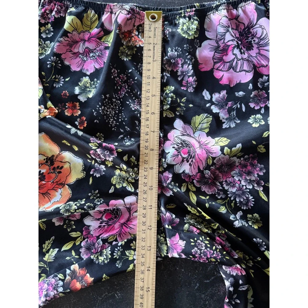Morgan Taylor Large Silky Satin Black Floral Pajama Set PJ'S Fairy Garden Whimsy